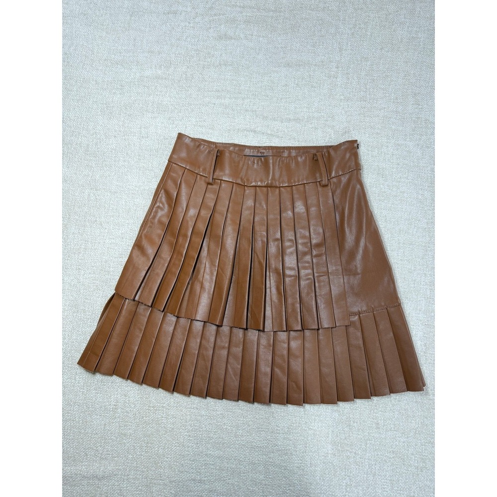 Zara Brown Pleated Tiered Mini Skirt Size S Cognac High Waisted Vegan Leather - Picture 13 of 13